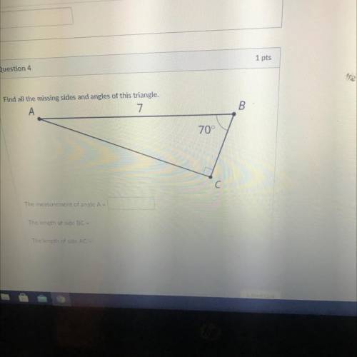 Find all the missing sides and angles of this triangle,

А
7
B
70°
The measurement of angle A
A A=