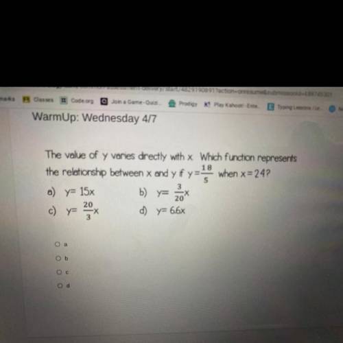 The value of y varies directly with x. Which function represents the relationship between x and y i