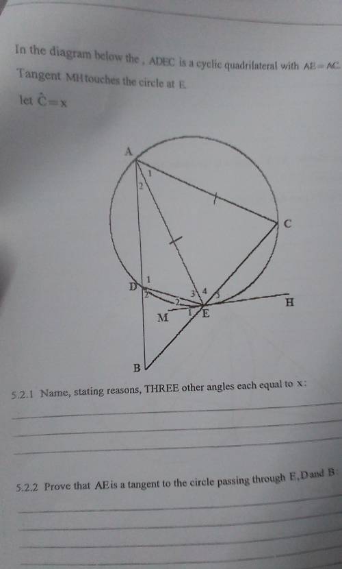 In the diagram,ADEC is a cyclic quadrilateral with AE=AC

Tangent MH touches the circle at E let C