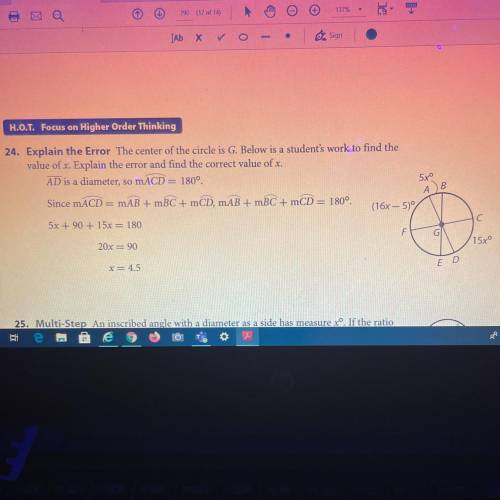 Explain the Error The center of the circle is G. Below is a student's work to find the

value of x