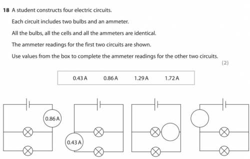 A student constructs four electric circuits.

Each circuit includes two bulbs and an ammeter.
All