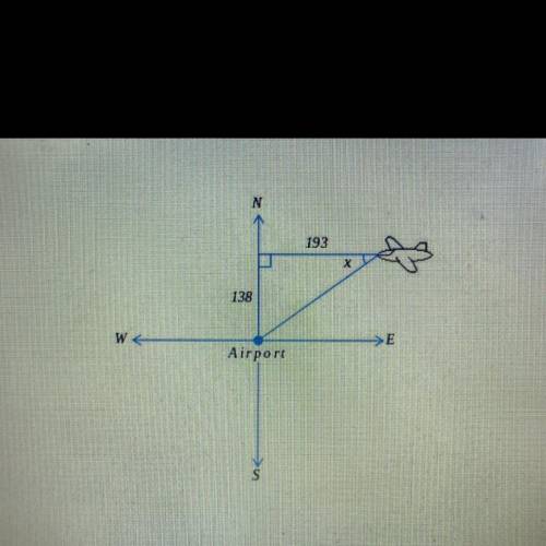 A plane is 138 mi north and 193 mi east of an airport. Find X, the angle the pilot should turn in o