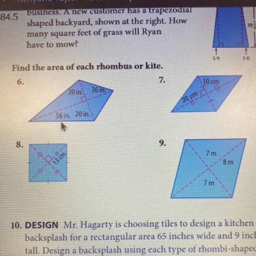 Find the area of each rhombus or kite.