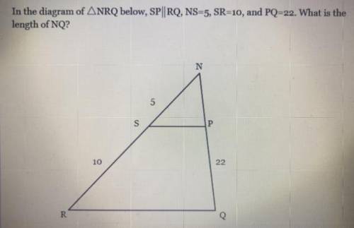 In the diagram of triangle NRQ below, SP||RQ, NS=5, SR=10, and PQ= 22. What is the length of NQ?