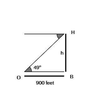 An observer (O) is located 900 feet from a building (B). The observer notices a helicopter (H) flyi
