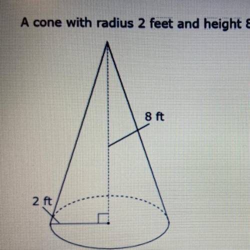 A cone with radius 2 feet and height 8 feet is shown.

Enter the volume of the cone, in cubic feet