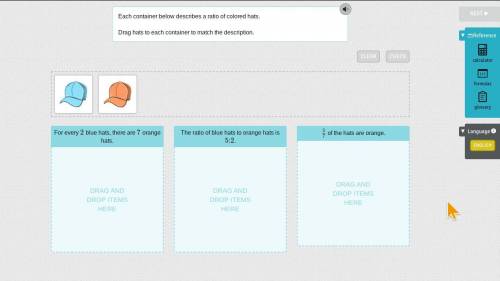 Each container below describes a ratio of colored hats.

Drag hats to each container to match the