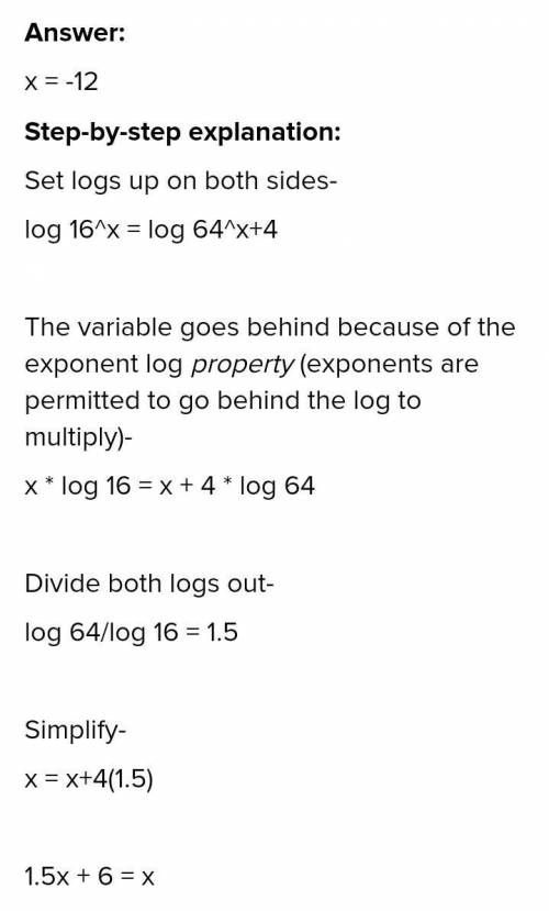 16^x = 64^x + 4 
a) x = −12 
b) x = −2 
c) x = 2 
d) x = 12