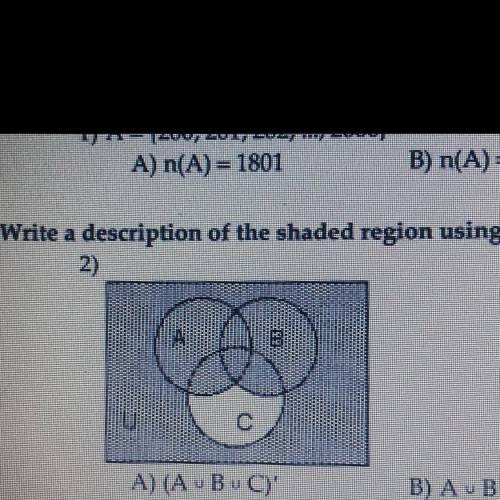 Write a description of the shaded area region using the symbols A, B, C, u, n, -, and ‘ as needed