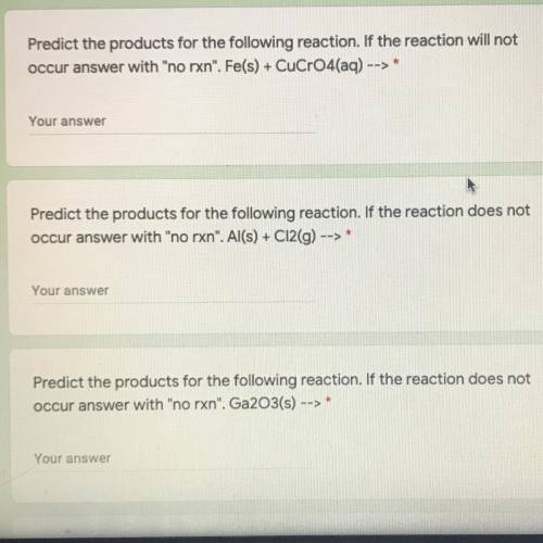 Predict the products for the reaction shown in the picture. 
Fe(s) + CuCrO4(aq) —>