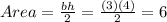 Area = \frac{bh}{2} = \frac{(3)(4)}{2} = 6