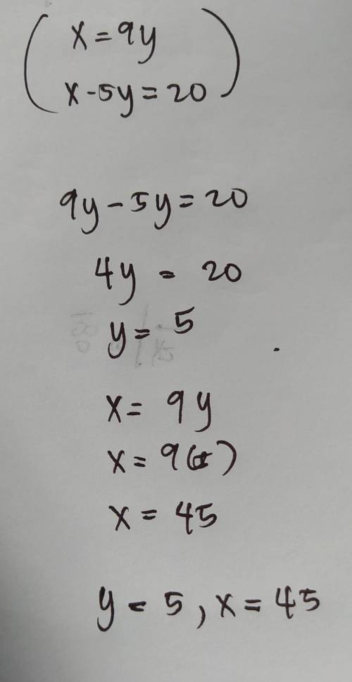 Solve the system by substitution.
x = 9y
x-5y=20