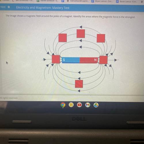 The Image shows a magnetic field around the poles of a magnet. Identify the areas where the magneti