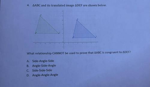 What relationship CANNOT be used to prove that AABC is congruent to ADEF?
Help please!!!