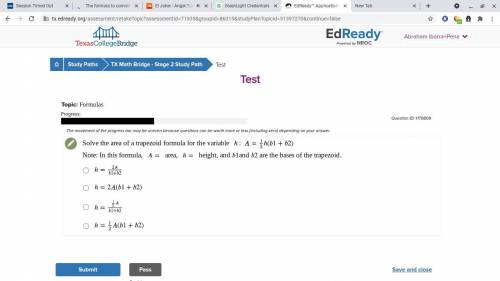 Solve the area of a trapezoid formula of the varible