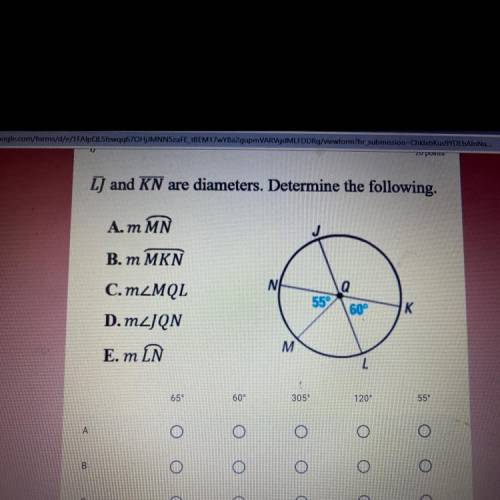 L) and KN are diameters. Determine the following.

A. m MN
B. m MKN
NI
C.m MQL
D.m_JQN
Q
55
(60°
K