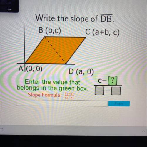 Write the slope of DB.

B (b,c) C(a+b, c)
Al(0, 0) D (a,0)
Enter the value that C-[?]
belongs in t