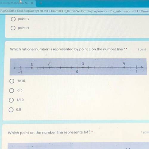 Which rational number is represented by point E on the number line?