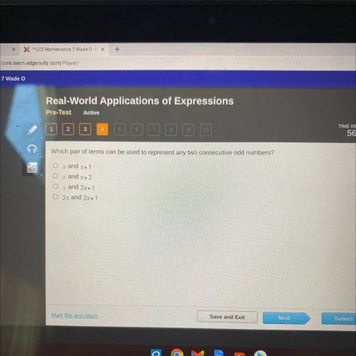 Which pair of terms can be used to represent any two consecutive odd numbers?

х
and x+1
x and x+2