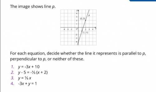 Please help!

decide whether the line it represents is parallel to p, perpendicular to p, or neith