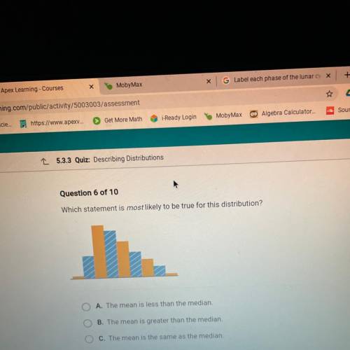 Which statement is most likely to be true for this distribution?