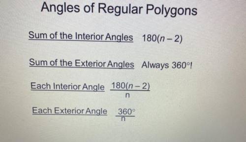 - Calculate interior/exterior angles or the number of sides of a regular polygon

SHOW ALL WORK ON