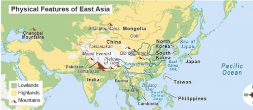 Read the map.

A map titled Physical Features of East Asia. A key shows Lowlands in green, Highlan