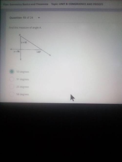 Find the measure of A as indicates in the picture.

In case the picture blursTop angle = x + 63Lef