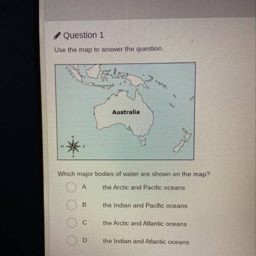 Use the map to answer the question.

Australia
**
Which major bodies of water are shown on the map