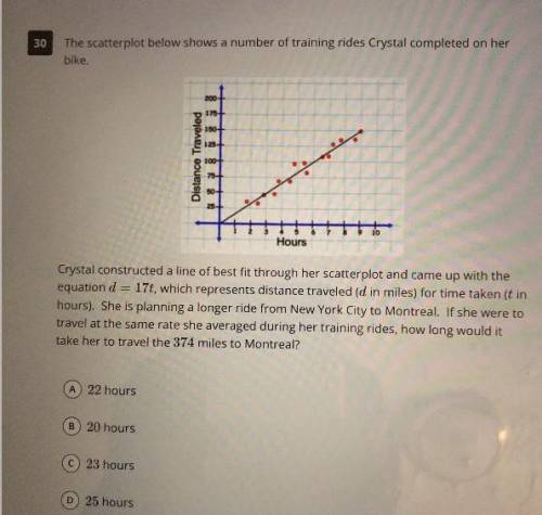 Crystal constructed a line of best fit through her scatterplot and came up with the equation d=17t,