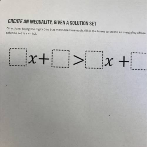 using the digits 0 to 9 at most one time each, fill in the boxes to create an inequality whose solu