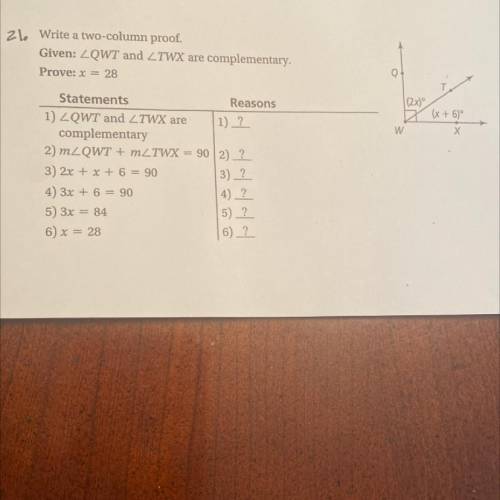 Write a two-column proof.
Given: QWT and TWX are complementary
Prove: x = 28