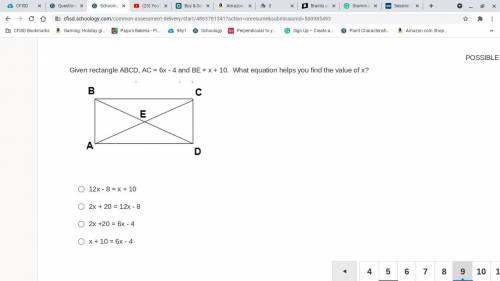 Given rectangle ABCD, AC = 6x - 4 and BE = x + 10. What equation helps you find the value of x?

P