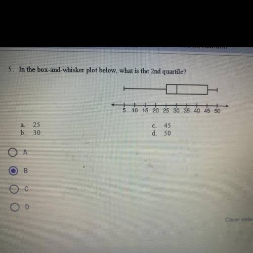 In the box-and-whisker plot below, what is the 2nd quartile?

a. 25
b. 30
c. 45
d. 50