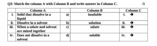 Q3: Match the column A with Column B and write answer in Column C