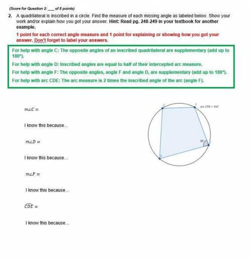 a quadrilateral is inscribed in a circle. Find the measure of each missing angle is labeled below.