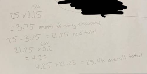 Kiran’s mother gets a restaurant bill for $25.

She has a coupon for 15% off. 
After the discount i