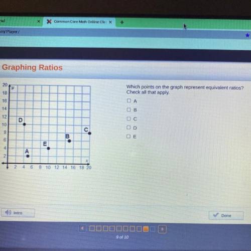20

18
Which points on the graph represent equivalent ratios?
Check all that apply.
ОА
16
14
OB
12