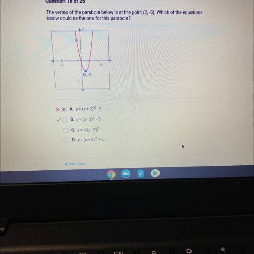 The vertex of the parabola below is at the point (2,-5). Which of the equations

below could be th