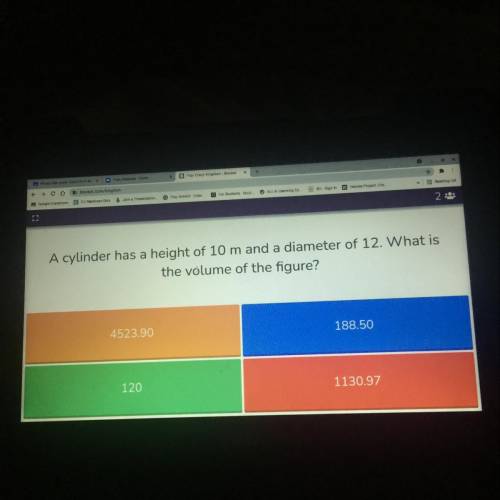 A cylinder has a height of 10 m and a diameter of 12. what is the volume of the figure?