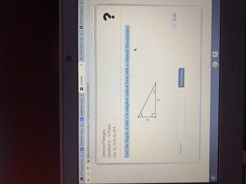 Find the length of side x in simplest radical form with a rational denominator.