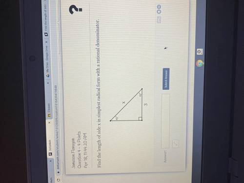 Find the length of side x in simplest radical form with a rational denominator.