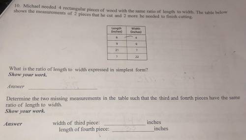 Michael needed 4 rectangular pieces of wood with the same ratio of length to width. The table below