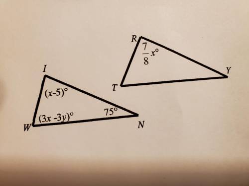 Given: triangle WIN is similar to triangle TRY
Solve for x and y