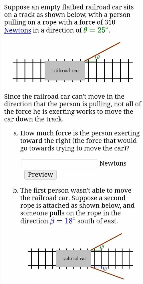 Suppose an empty flatbed railroad car sits on a track as shown below, with a person pulling on a ro