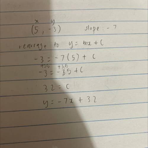 Find the equation of the line specified.

The slope is -7, and it passes through ( 5, -3).
a.
y = -