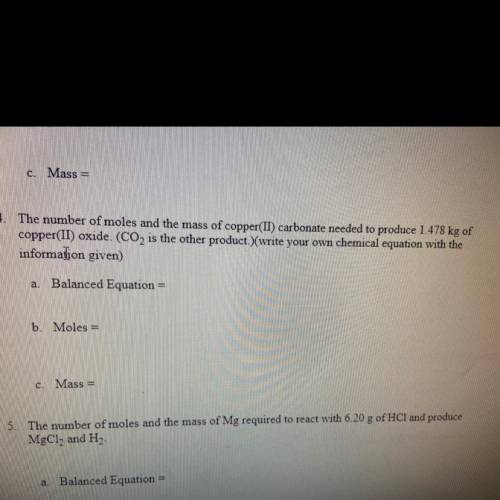 The number of moles and mass of copper carbonate needed to produce 1.478 KG of copper oxide C O two