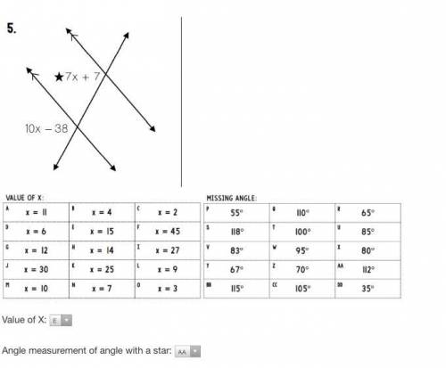 Value of X: 
Angle measurement of angle with a star: