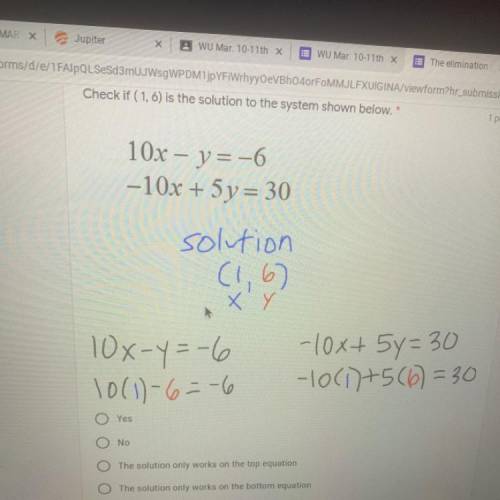 Check if (1,6) is the solution to the system shown below