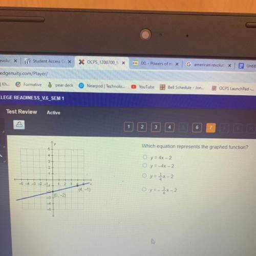 >

5
4
3
2
Which equation represents the graphed function?
O y = 4x-2
O y = -4x-2
O y = 2 X-2
O